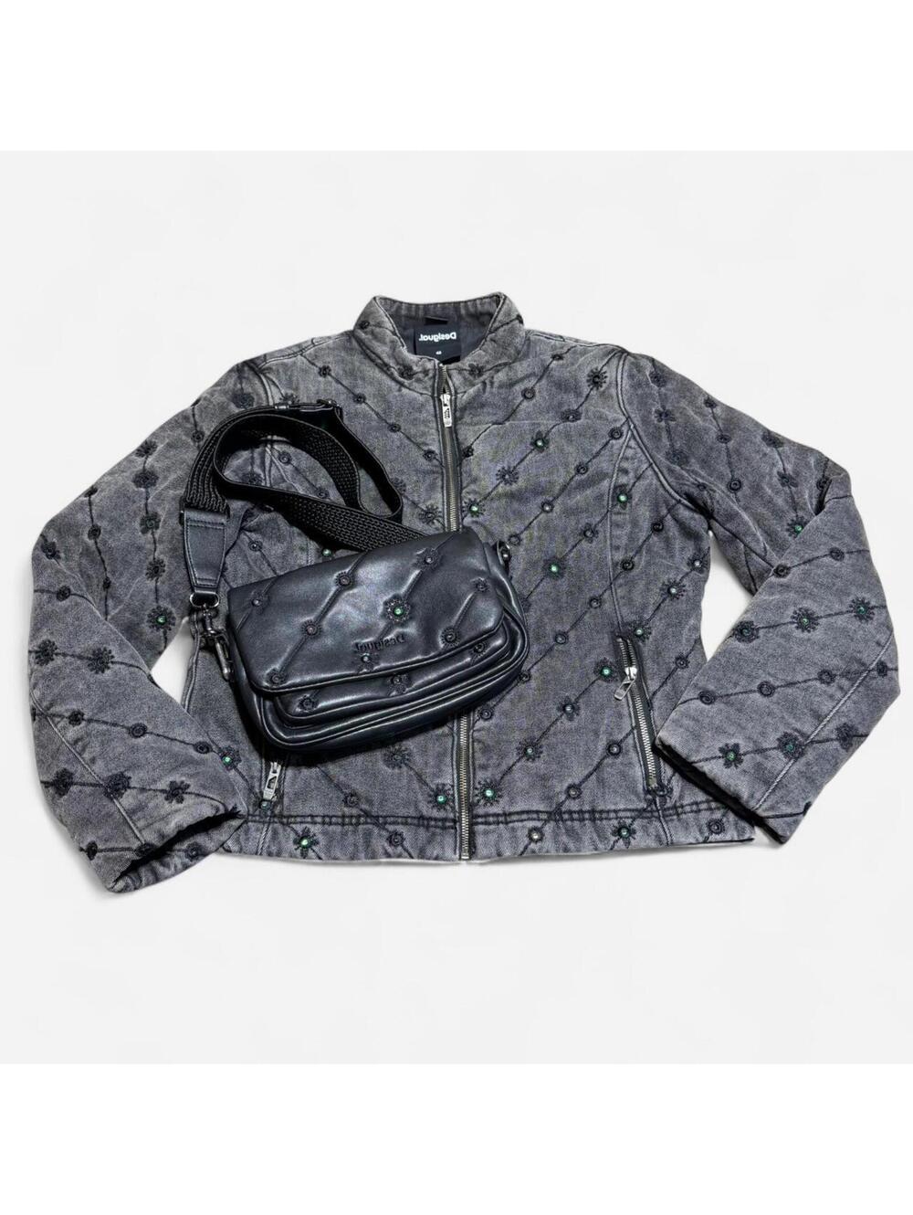 Desigual Eye of the Tiger Quilted Denim Jacket With Sequins, Matching Crossbody‎